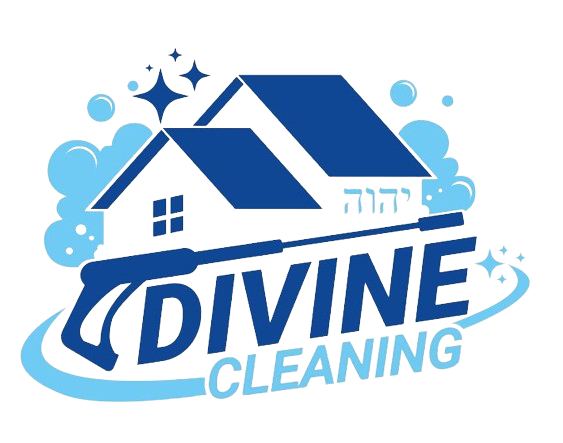 Divine Cleaning logo — a house with a pressure washer, sparkles and bubbles