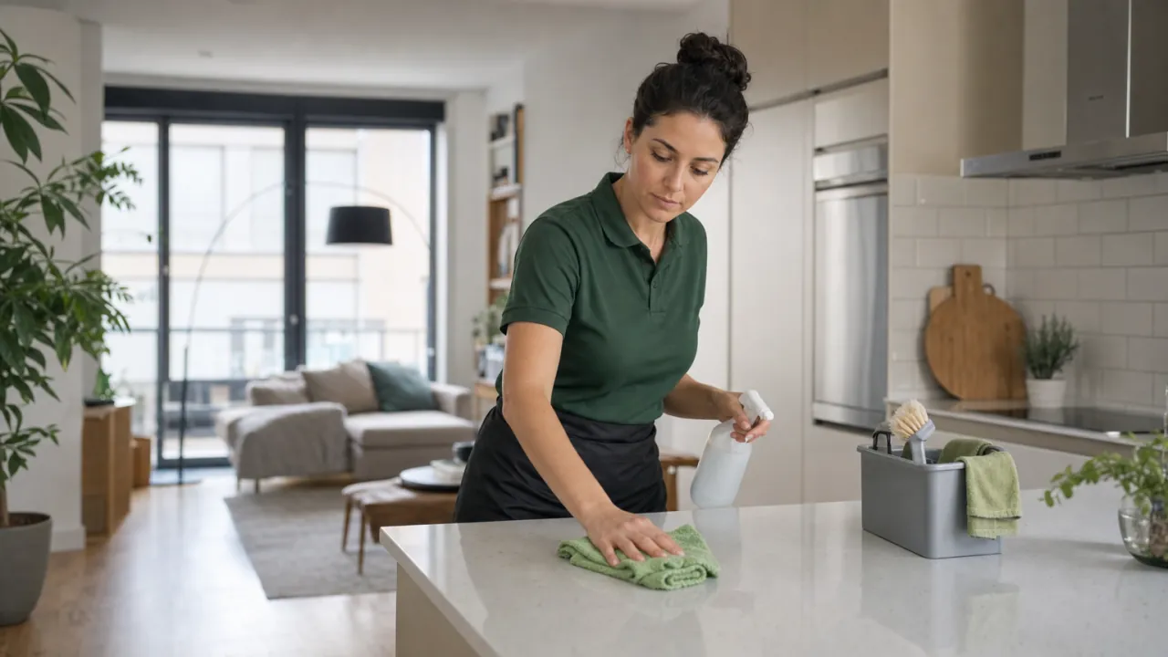 A Divine Cleaning CLT cleaner wiping down a kitchen island in a bright, modern home
