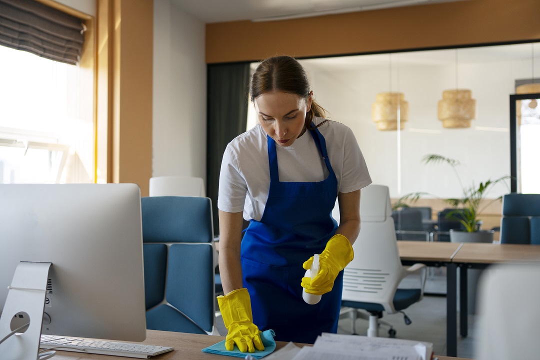 A professional cleaner in a blue apron wiping down a desk in a bright modern office